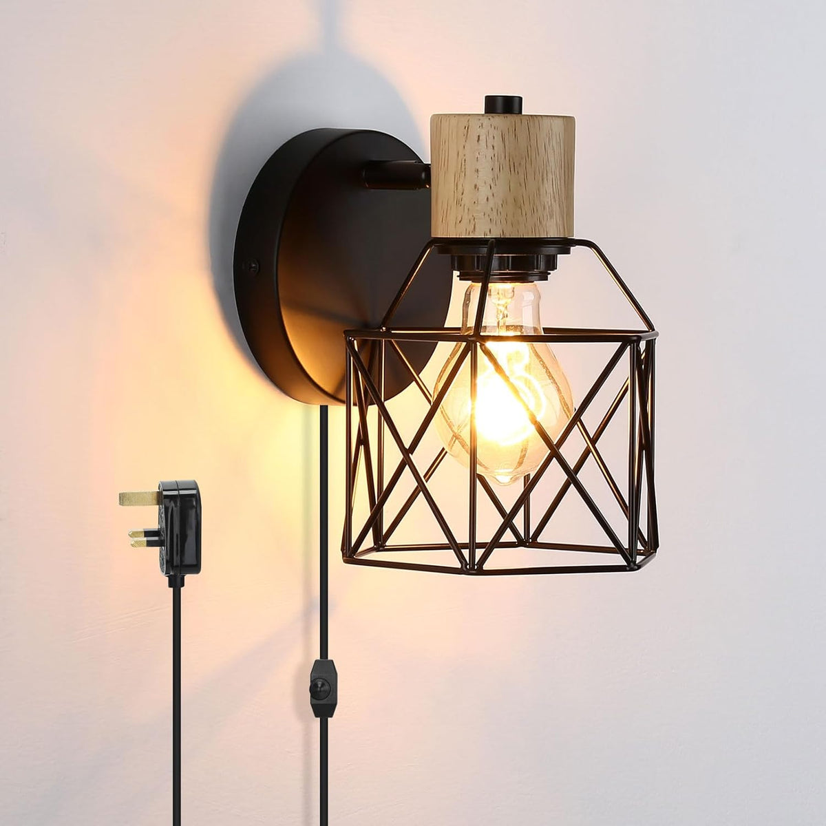 Wall-mounted light fixture with wooden shade and metal cage on a neutral background
