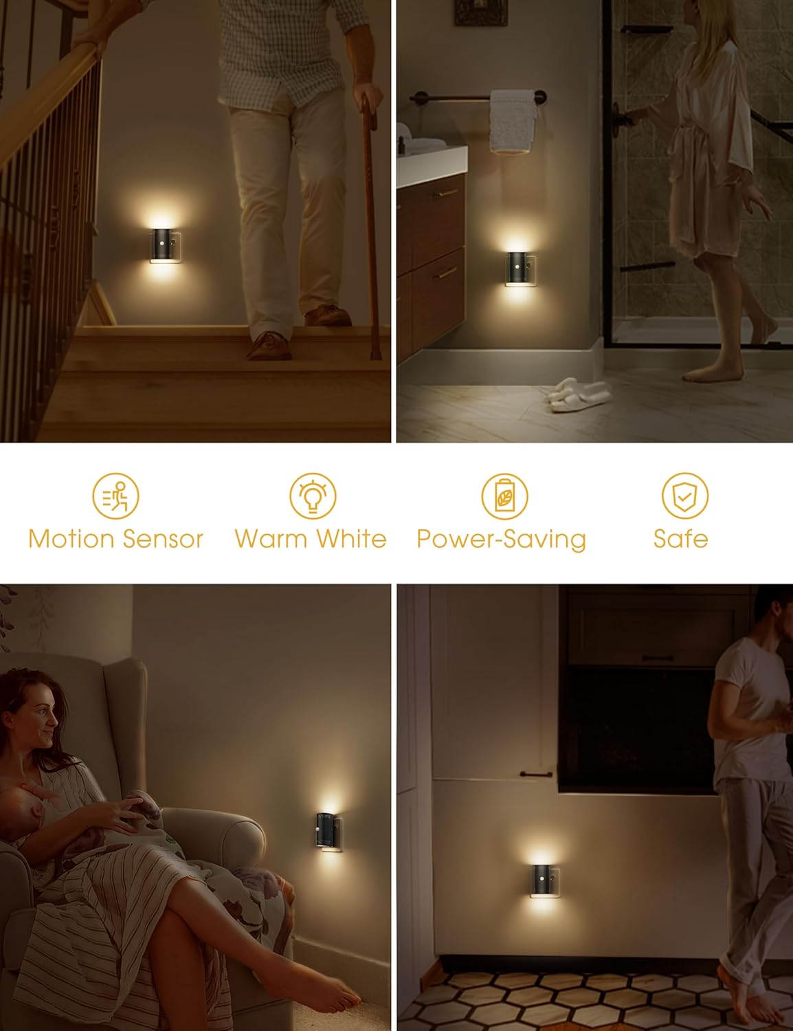 Wall-mounted light fixtures in various settings with text indicating features like motion sensor, warm white, power-saving, and safe.