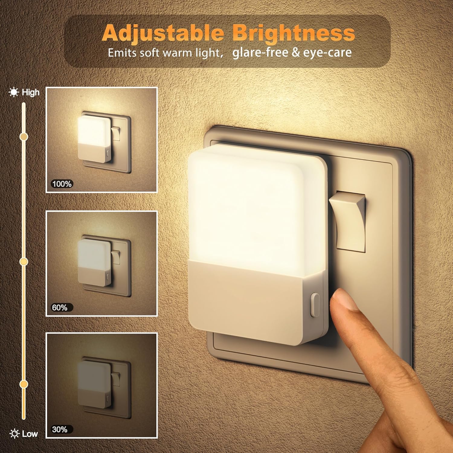 Wall-mounted light switch with adjustable brightness feature on a textured wall background