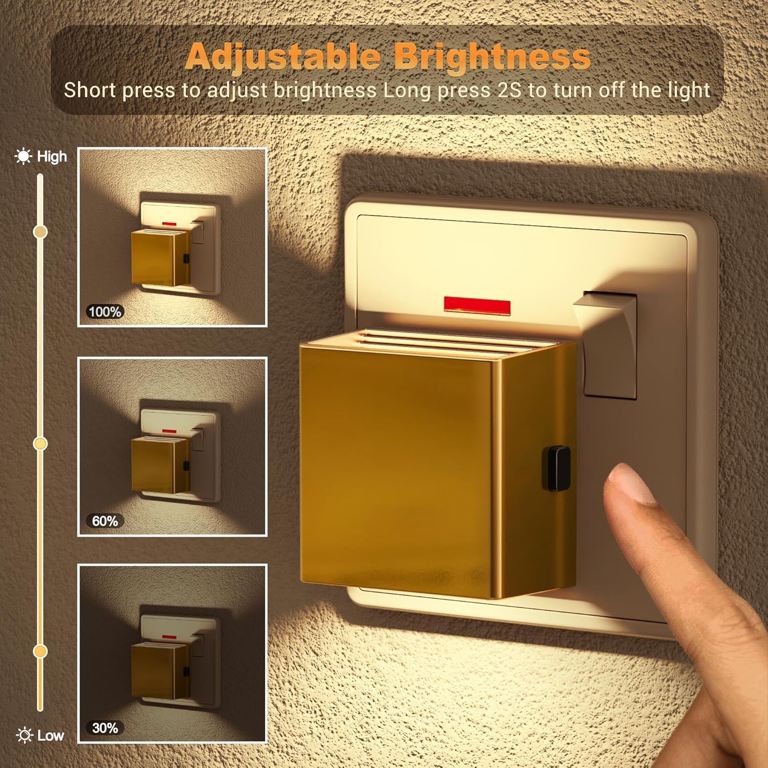 Wall-mounted light switch with adjustable brightness feature, showing different brightness levels.