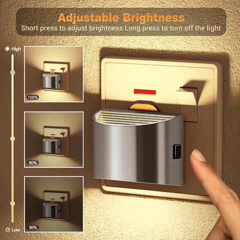 Wall-mounted light switch with adjustable brightness feature, showing hand pressing the switch.