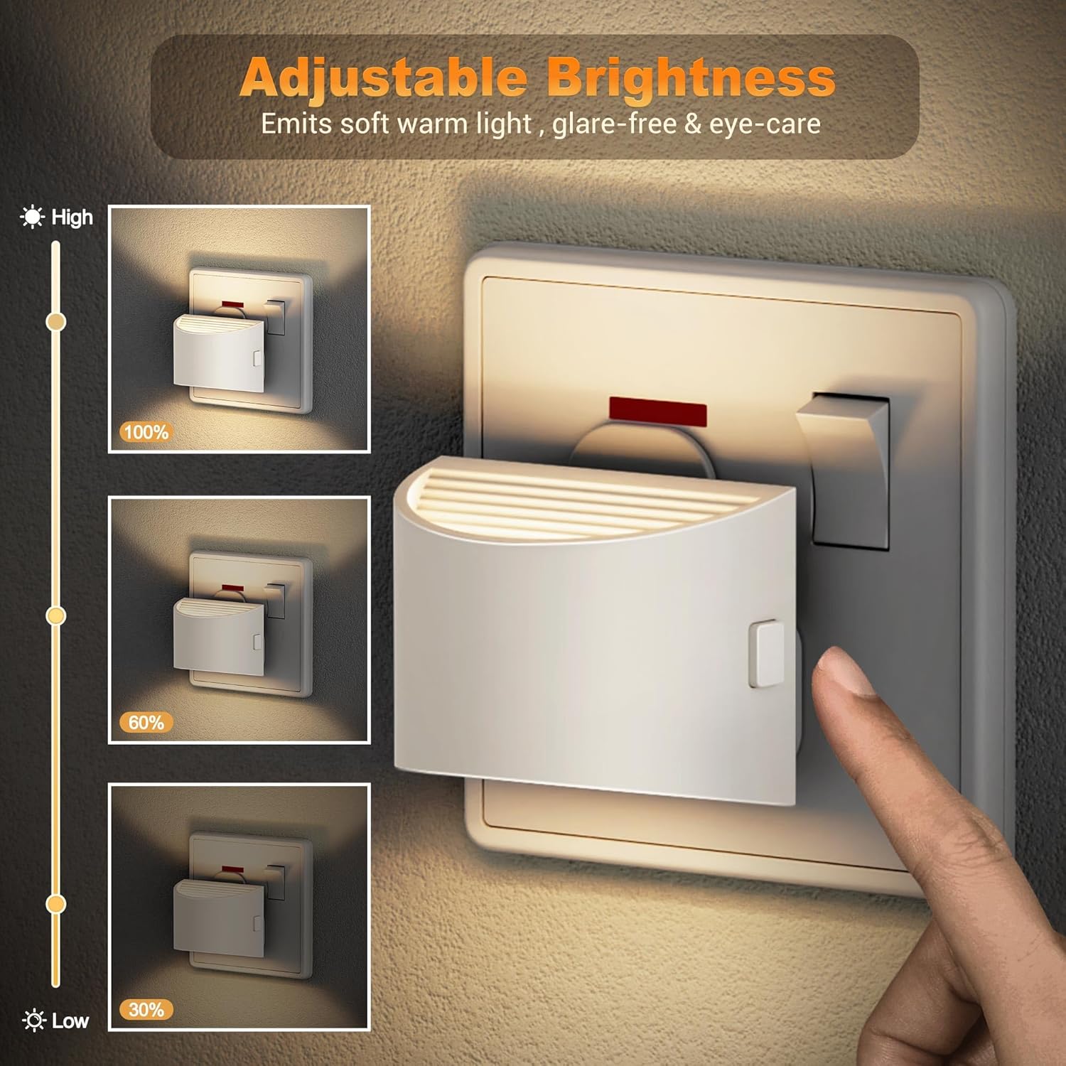 Wall-mounted light switch with adjustable brightness feature, showing different brightness levels.