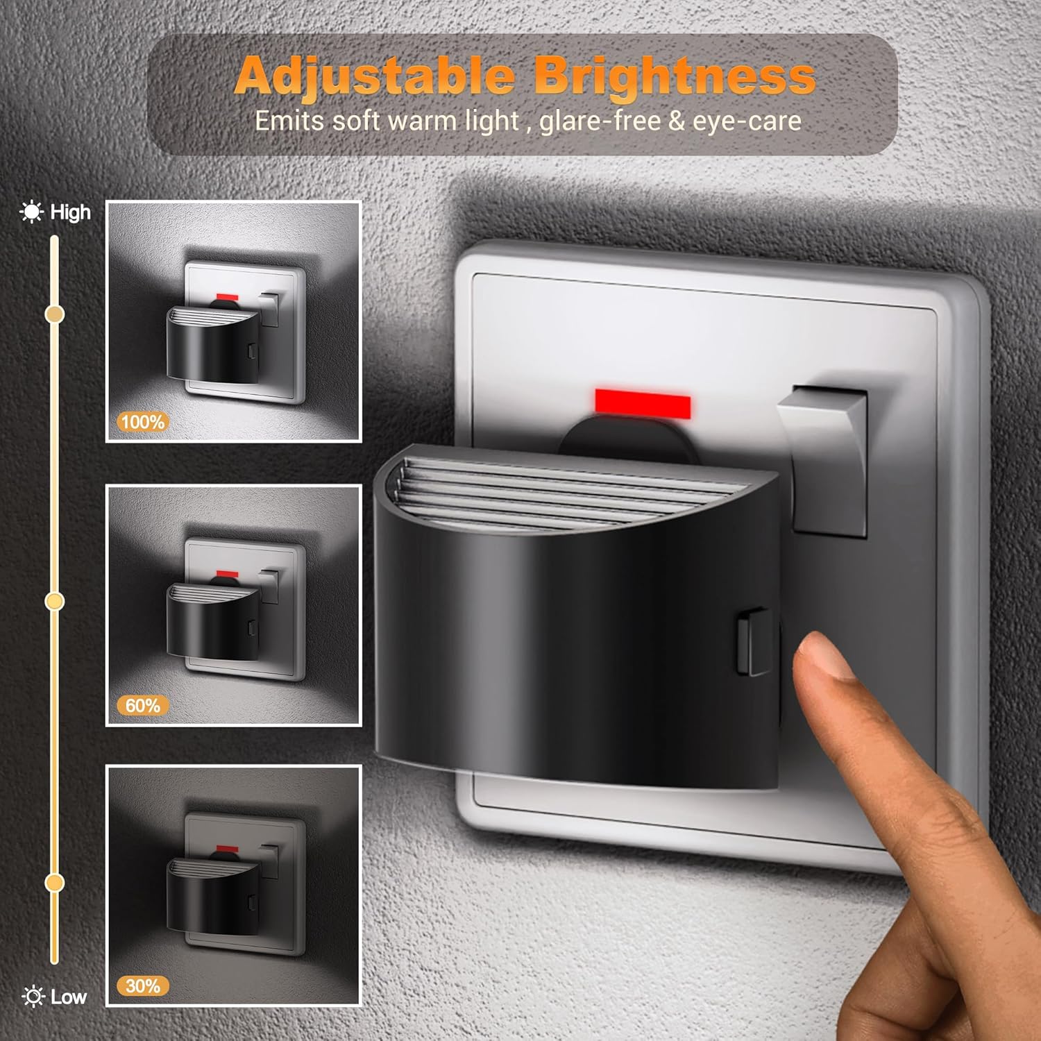 Wall-mounted light switch with adjustable brightness feature, shown with a hand turning the knob.