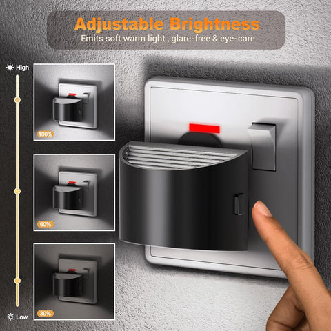 Wall-mounted light switch with adjustable brightness feature, shown with a hand turning the knob.