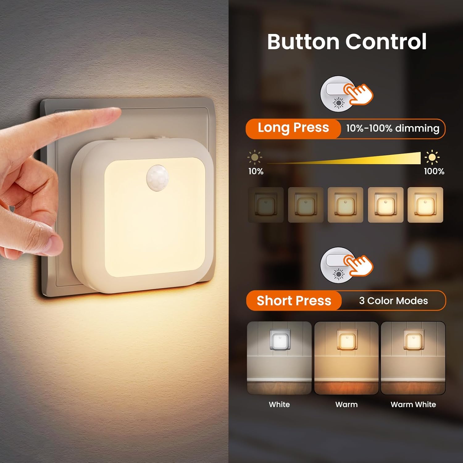 Wall-mounted light switch with button control for dimming and color modes.