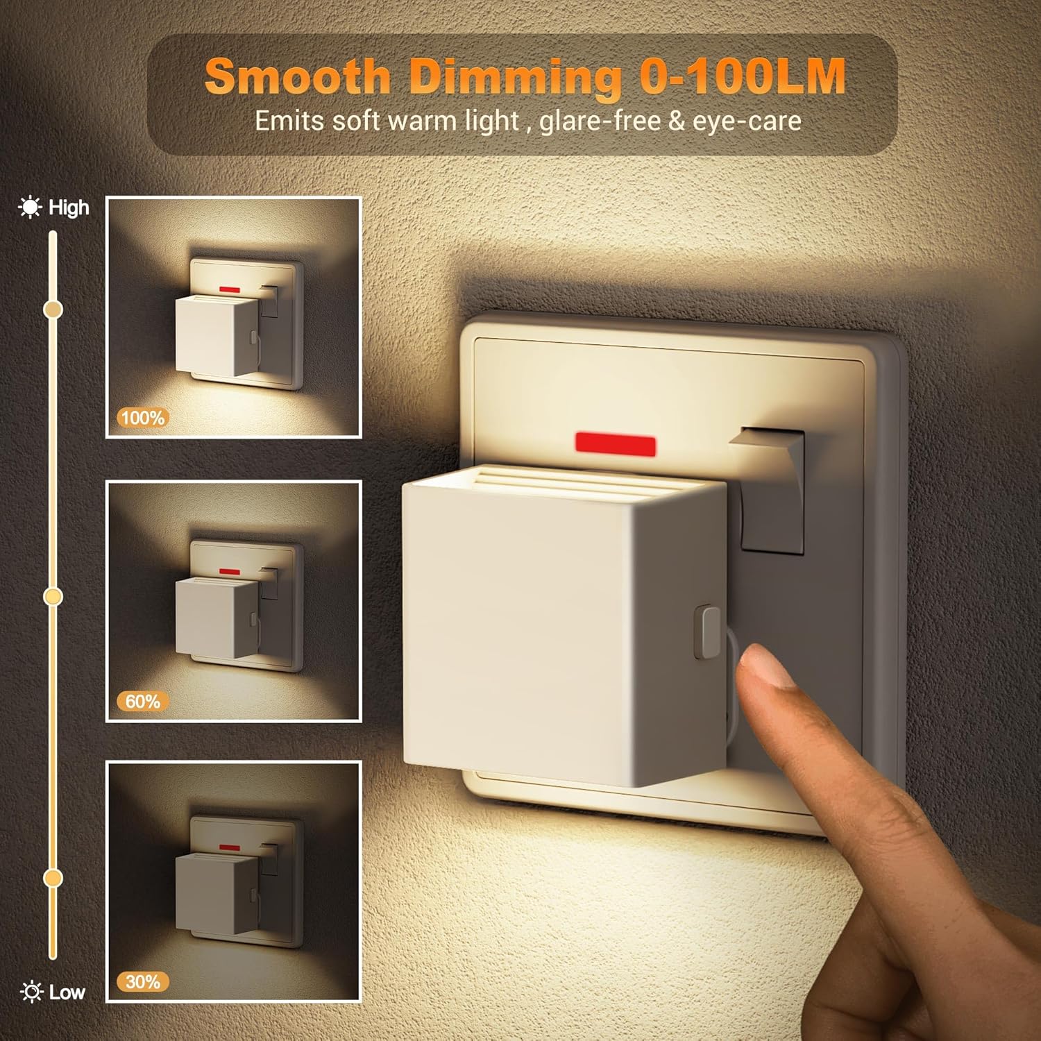 Wall-mounted light switch with smooth dimming feature, emitting soft warm light.