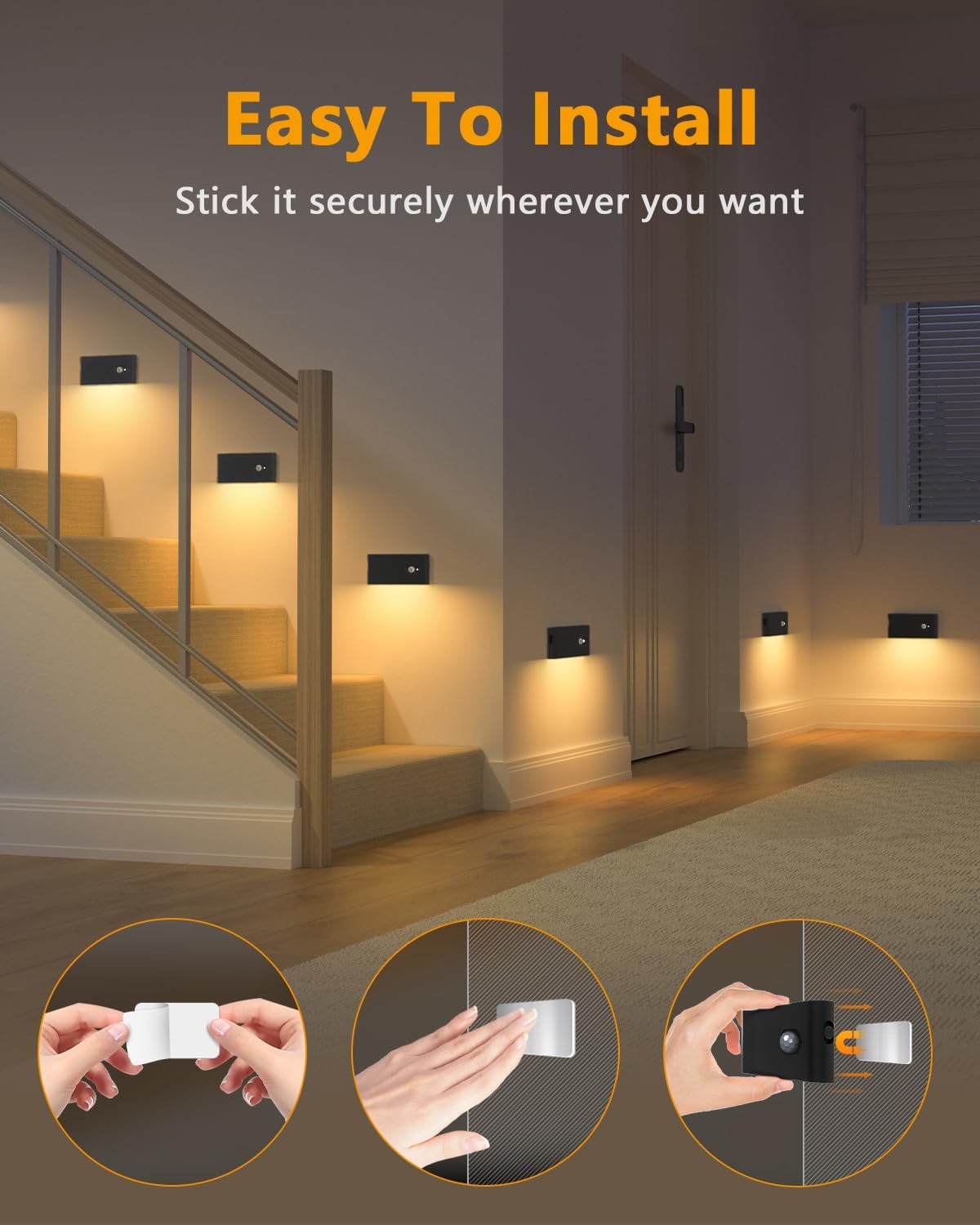 Wall-mounted lights installed in a home setting with text 'Easy To Install' and installation steps shown.