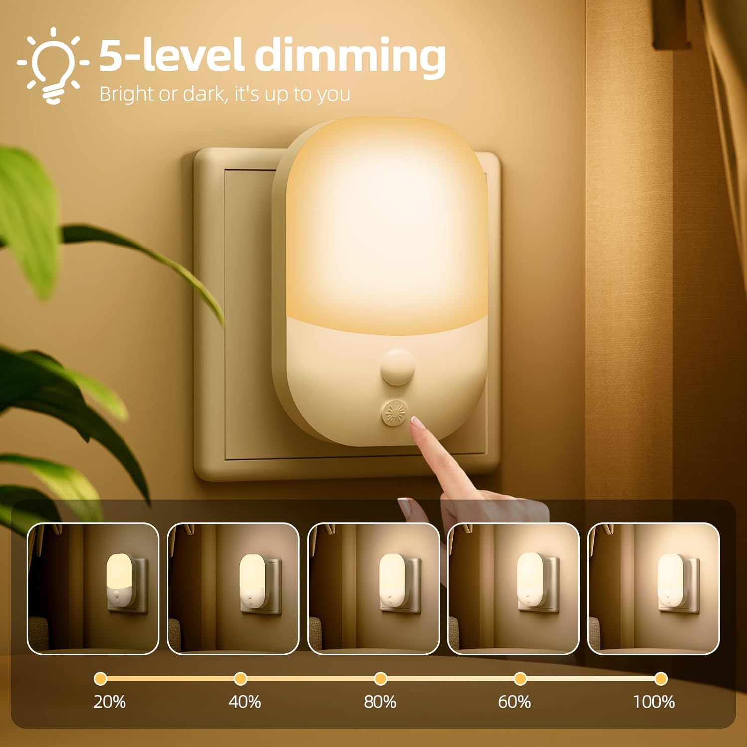 Wall-mounted night light with 5-level dimming feature on a beige wall.
