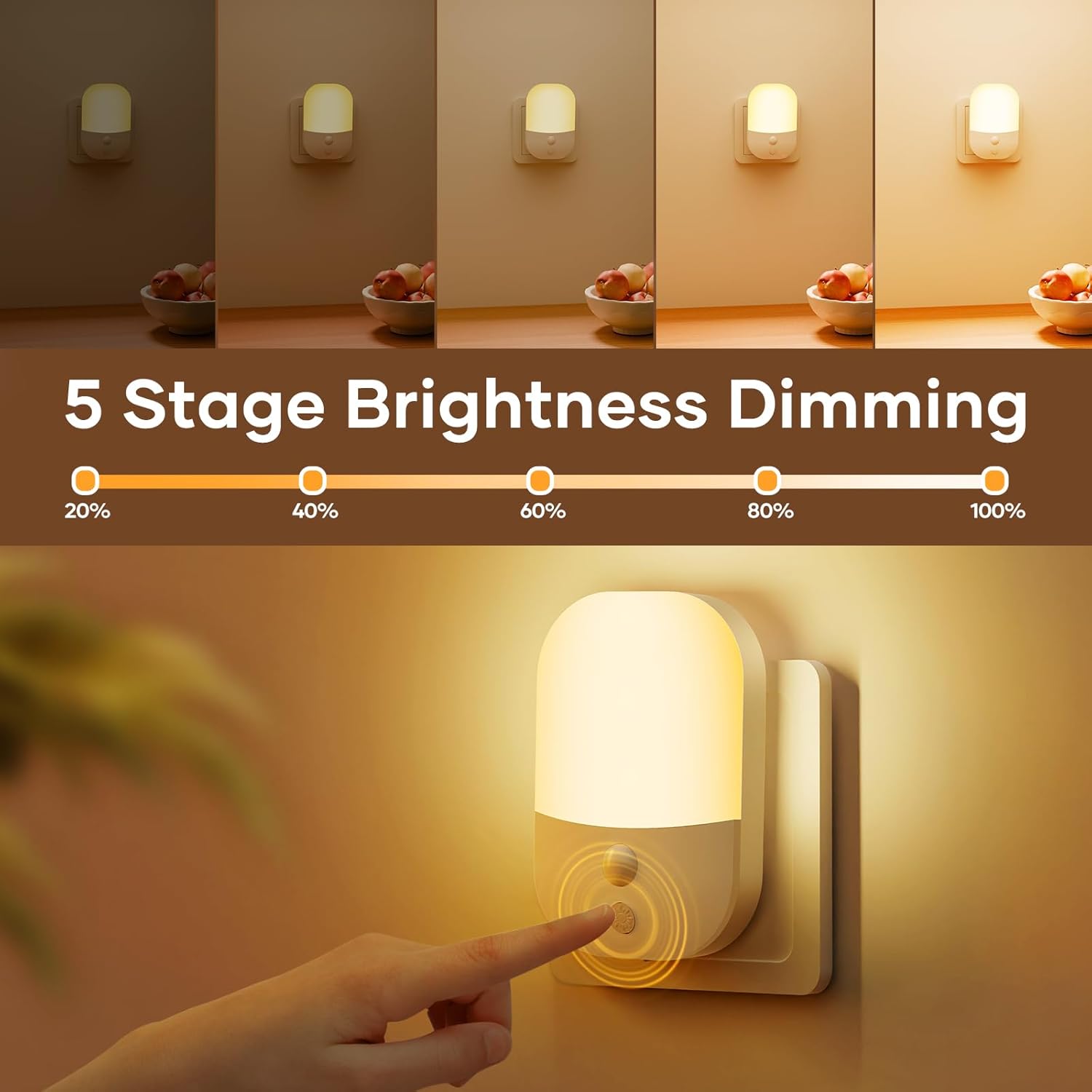 Wall-mounted night light with 5-stage brightness dimming feature, shown in a home setting.