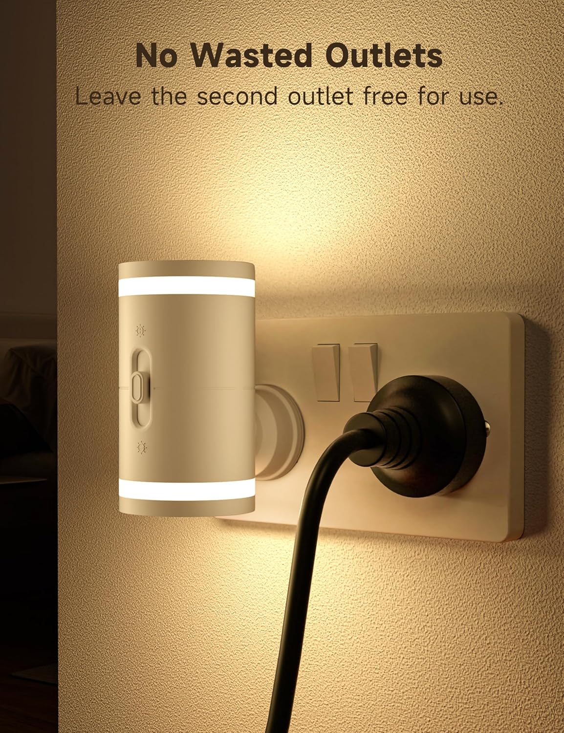 Wall-mounted night light with a plug-in outlet on a wall.