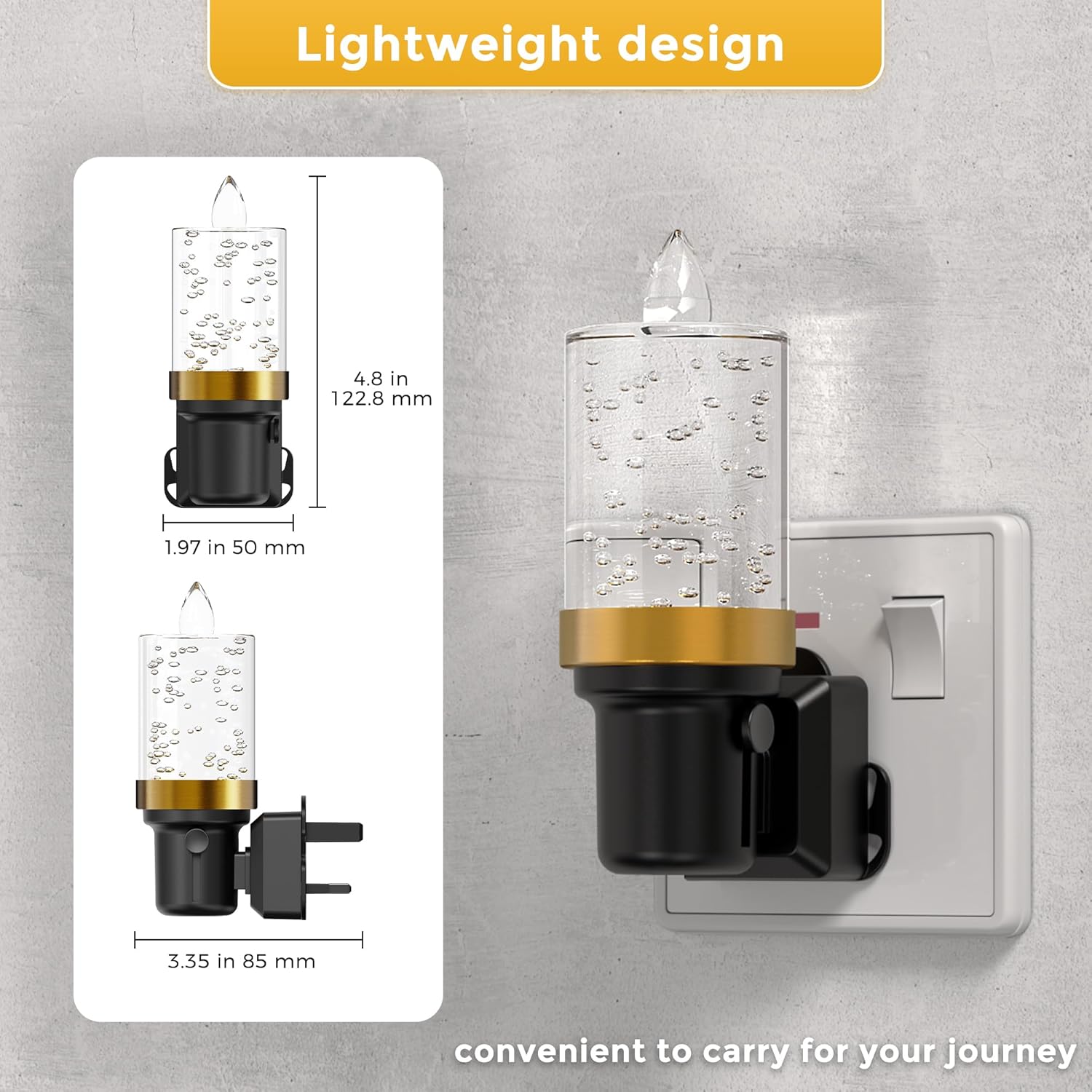 Wall-mounted night light with dimensions and plugging information on a gray background