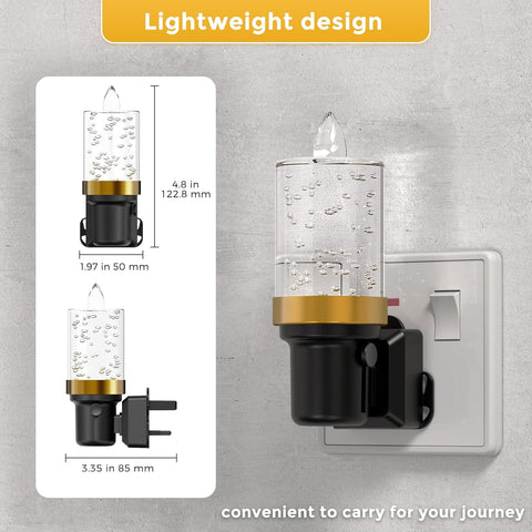 Wall-mounted night light with dimensions and plugging information on a gray background