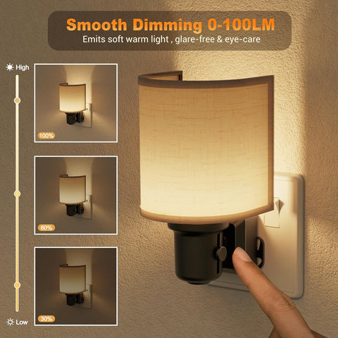 Wall-mounted night light with dimming control, emitting soft warm light.