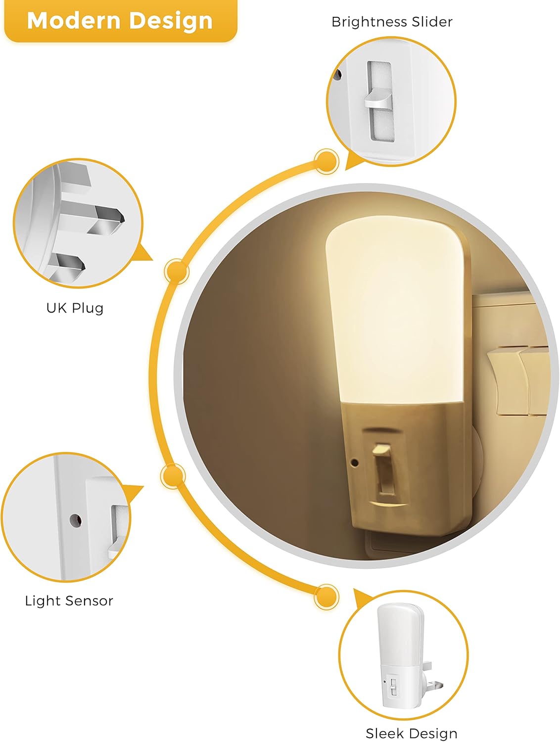 Wall-mounted night light with features highlighted on a white background