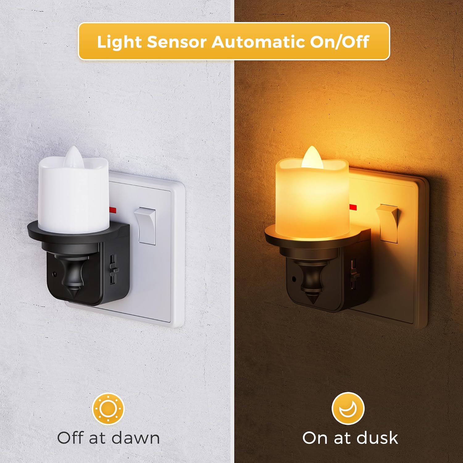 Wall-mounted night light with light sensor feature on a white and brown background