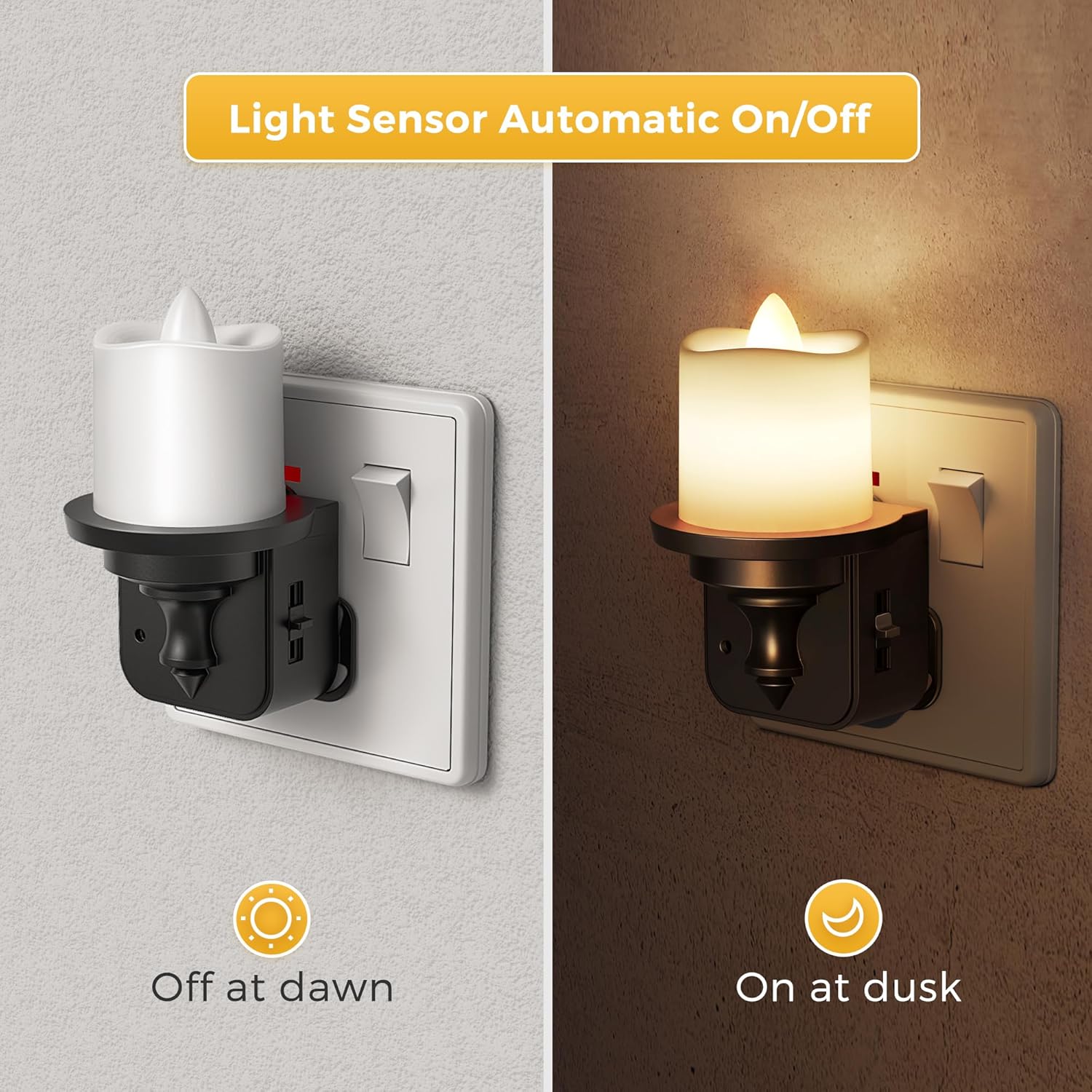 Wall-mounted night light with light sensor on a gray and brown background