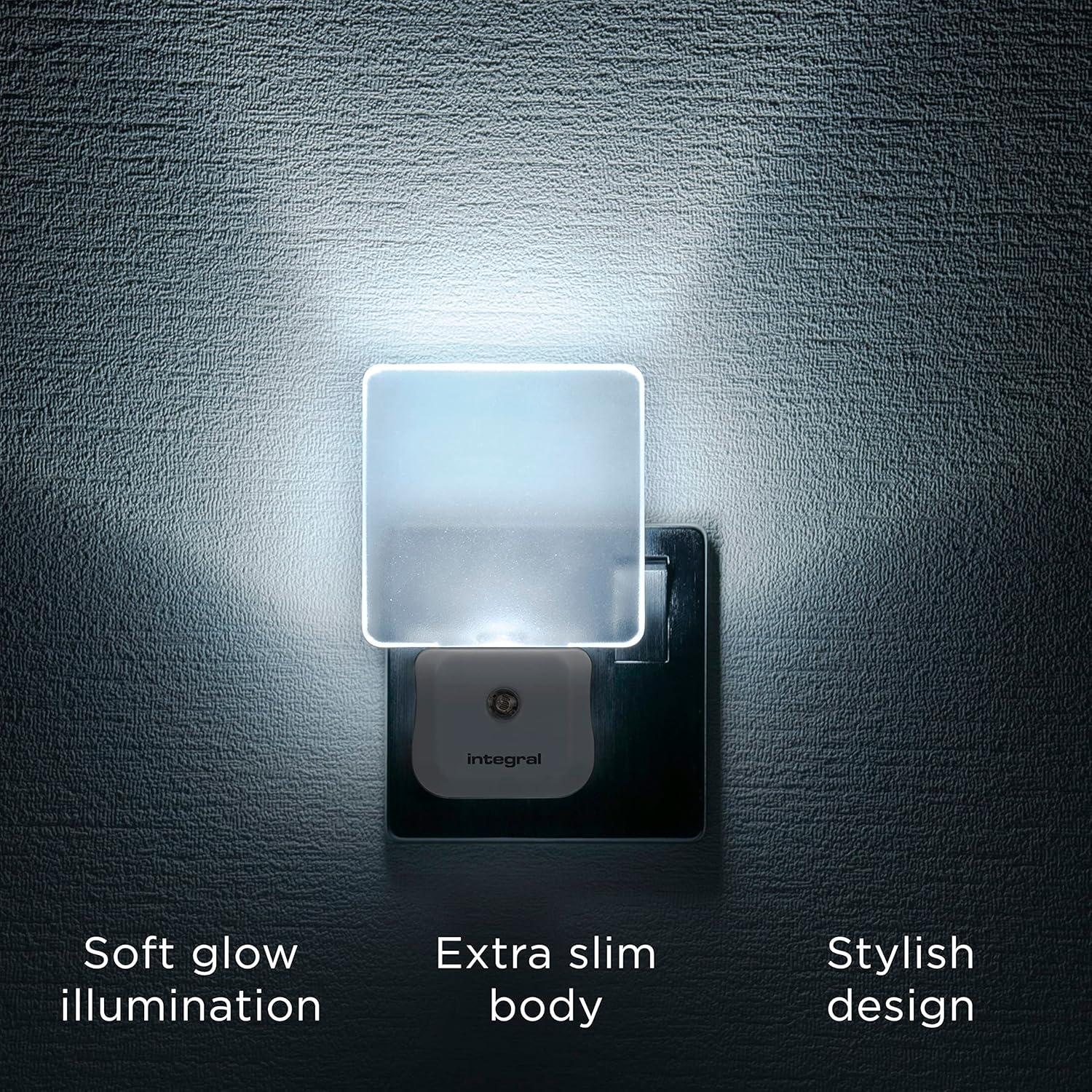 Wall-mounted night light with text highlighting features on a dark wall.