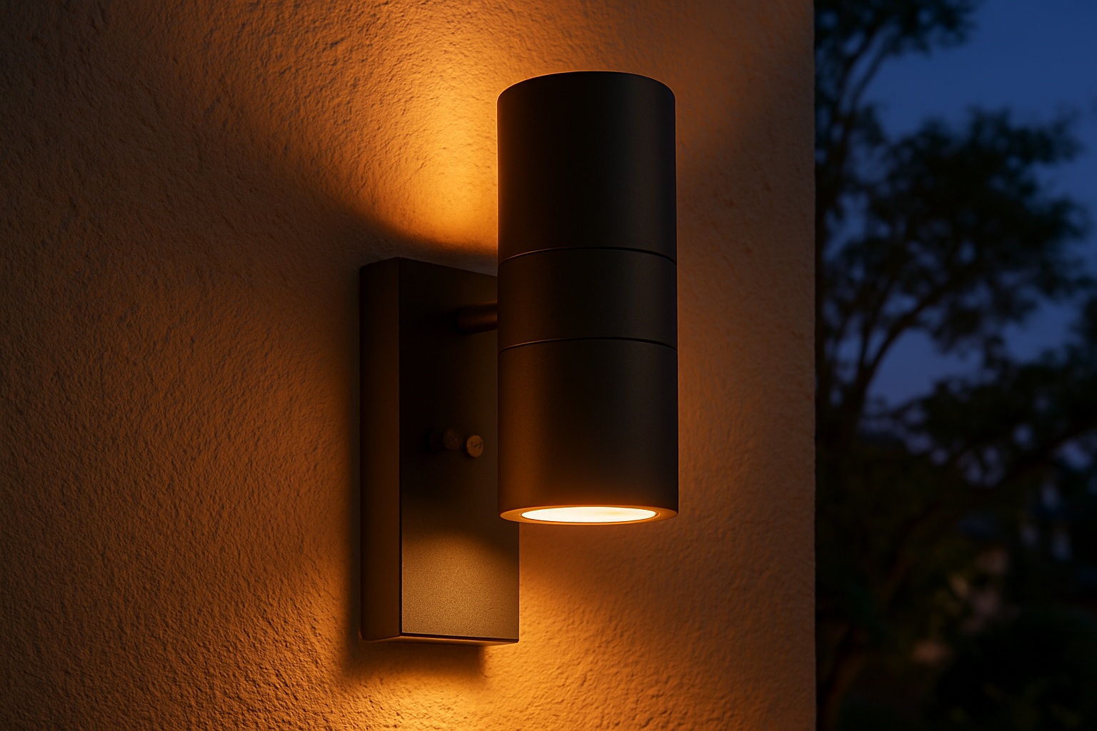Wall-mounted outdoor light fixture on a textured wall with a blurred natural background