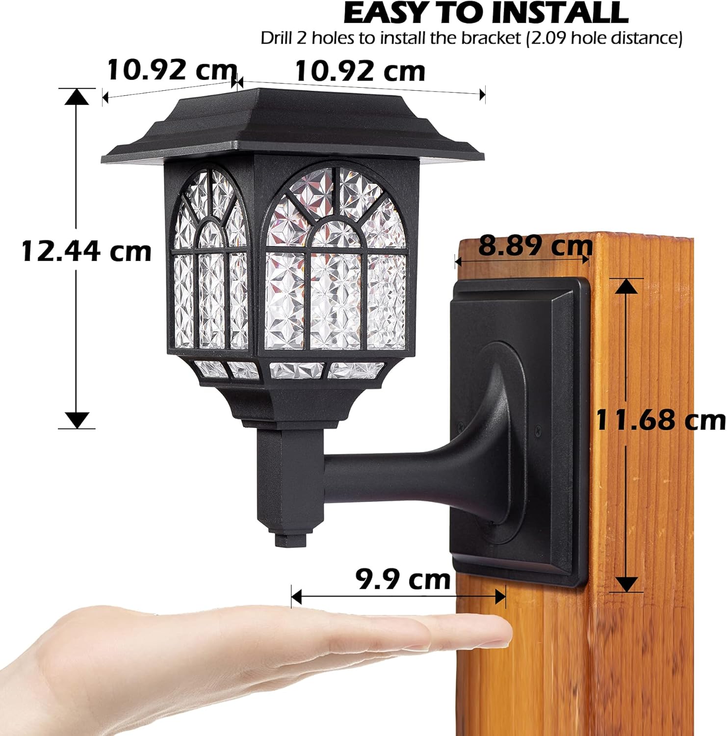 Wall-mounted outdoor light fixture with dimensions and installation instructions on a white background
