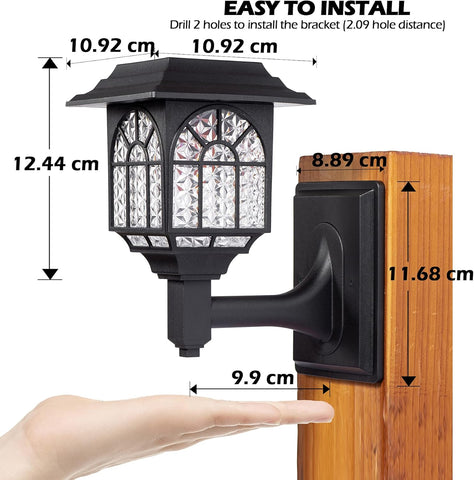 Wall-mounted outdoor light fixture with dimensions and installation instructions on a white background