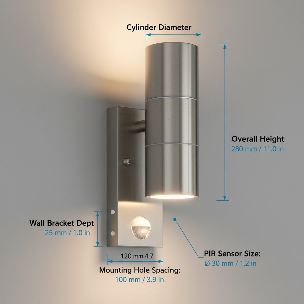 Wall-mounted outdoor light fixture with dimensions labeled on a gray background