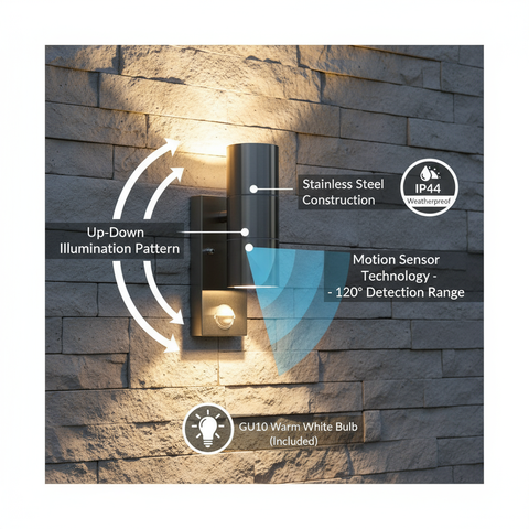 PIR sensor wall light with features listed on a dark background