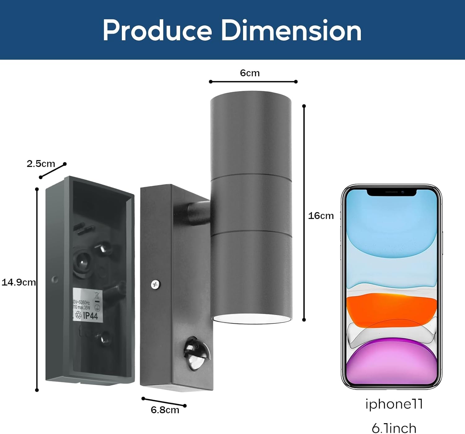 Wall-mounted outdoor light fixture with dimensions shown next to an iPhone 11