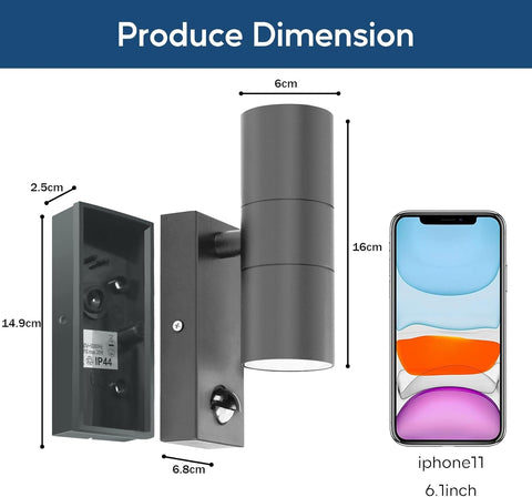 Wall-mounted outdoor light fixture with dimensions shown next to an iPhone 11