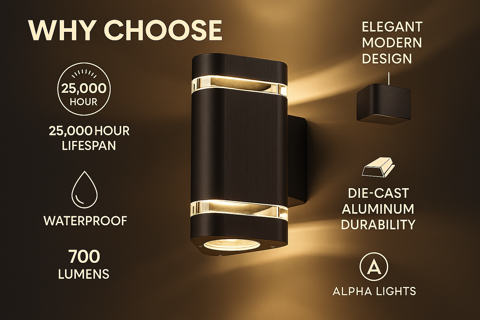 Wall-mounted outdoor light fixture with features listed on a dark background