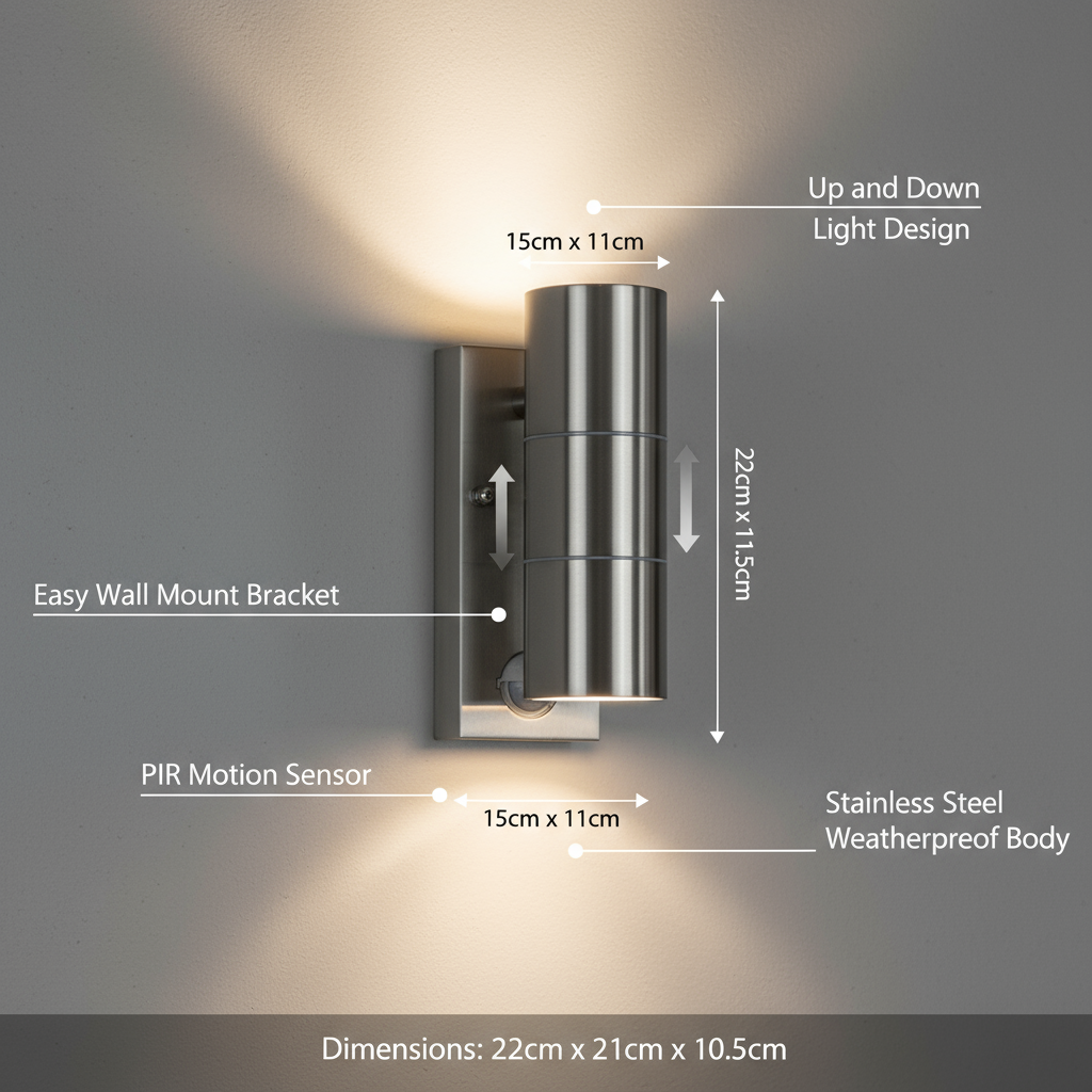 Wall-mounted outdoor light fixture with labeled features and dimensions on a gray background