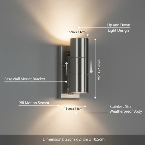 Wall-mounted outdoor light fixture with labeled features and dimensions on a gray background