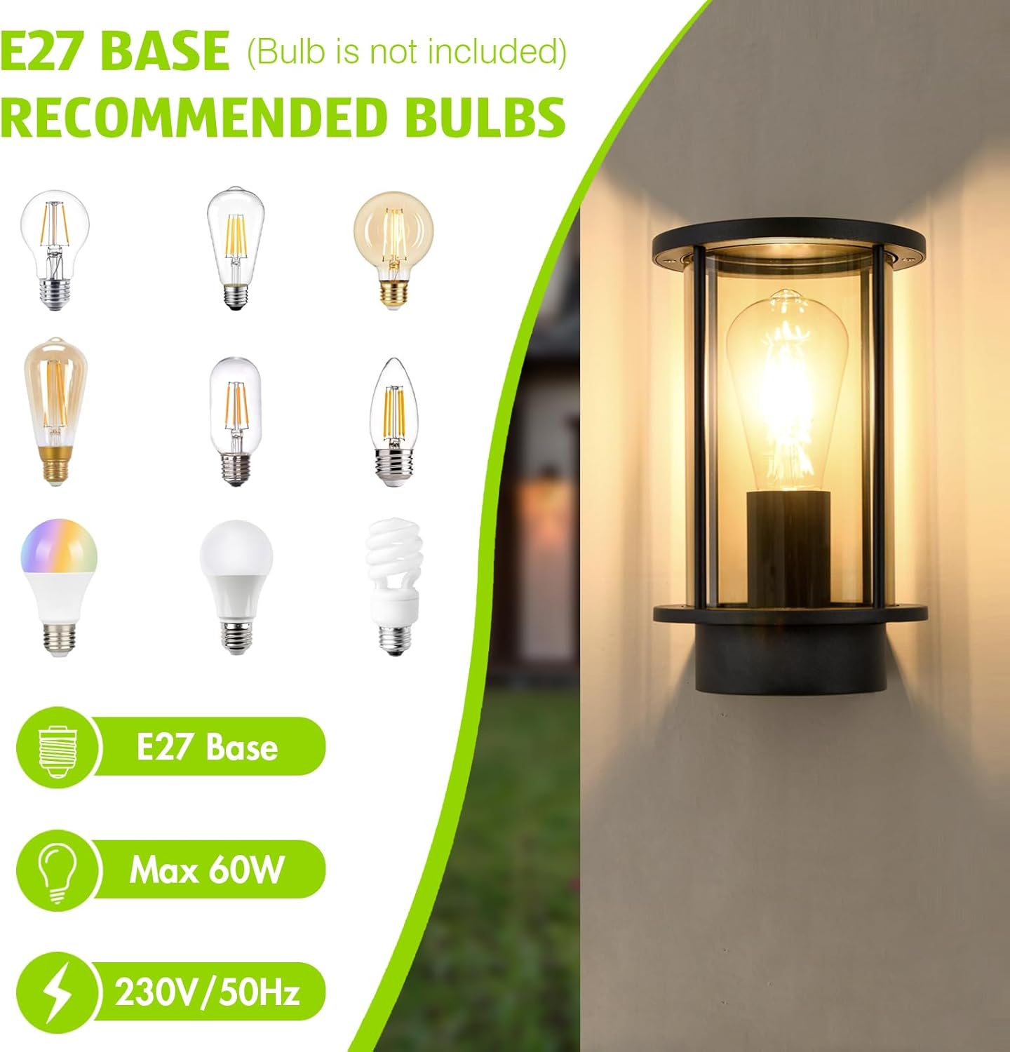 Wall-mounted outdoor light fixture with recommended bulbs on a green background