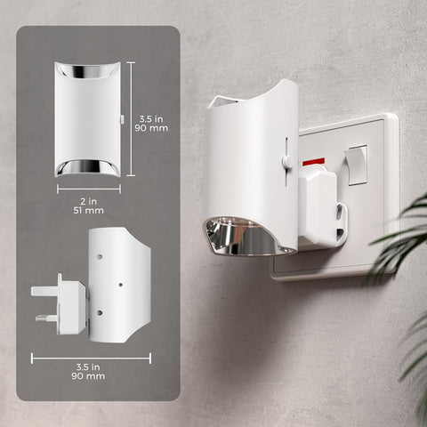 Wall-mounted white and silver organizer with dimensions displayed on a gray background
