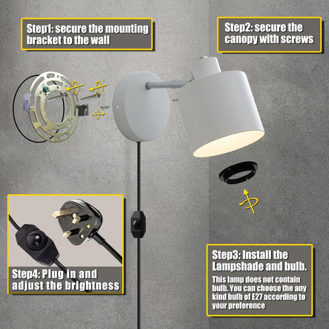 Wall-mounted white lamp installation guide with step-by-step instructions on a gray wall.