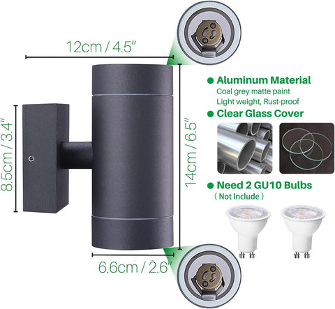 Wall-mounted outdoor light fixture with dimensions and features on a white background