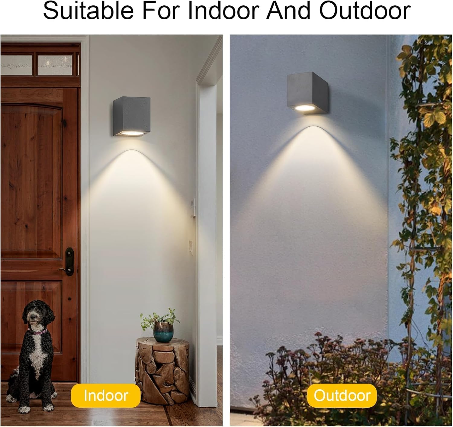 Wall-mounted light fixture shown in indoor and outdoor settings with text 'Suitable For Indoor And Outdoor'.
