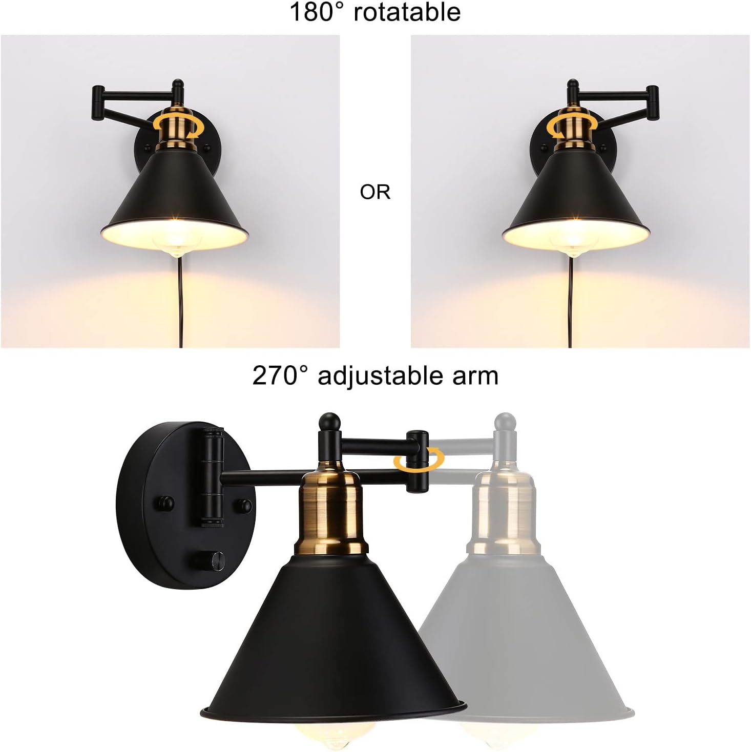 Wall lamp with adjustable arm and rotatable design on a white background