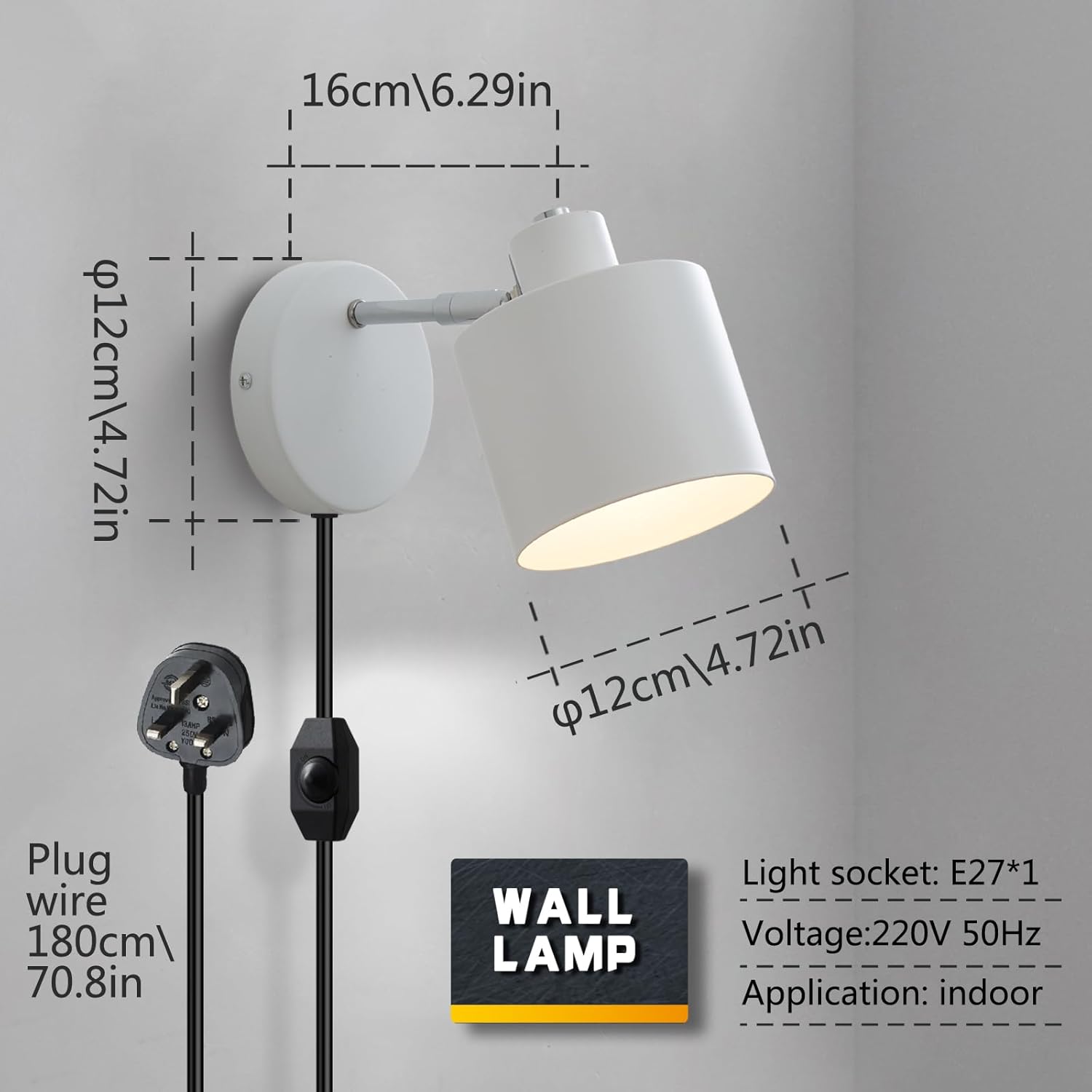 Wall lamp with dimensions and specifications on a gray background