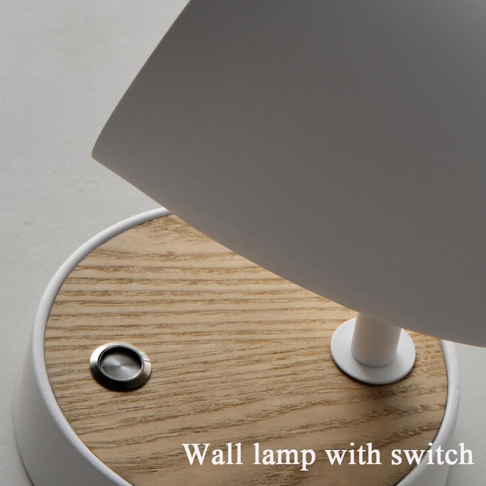 Wall lamp with wooden base and switch on a neutral background