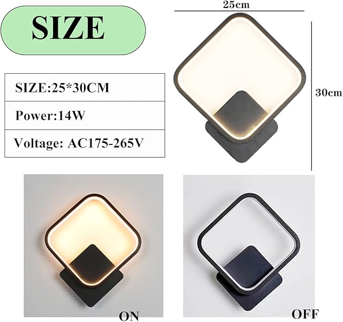 Wall light fixture with dimensions, power rating, and voltage information on a white background.