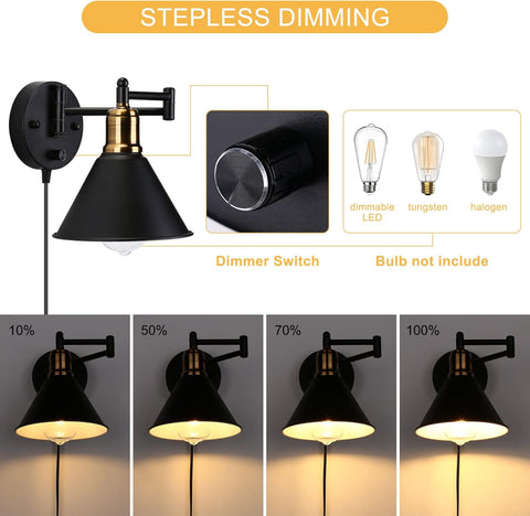 Wall light fixture with stepless dimming feature, showing different brightness levels.