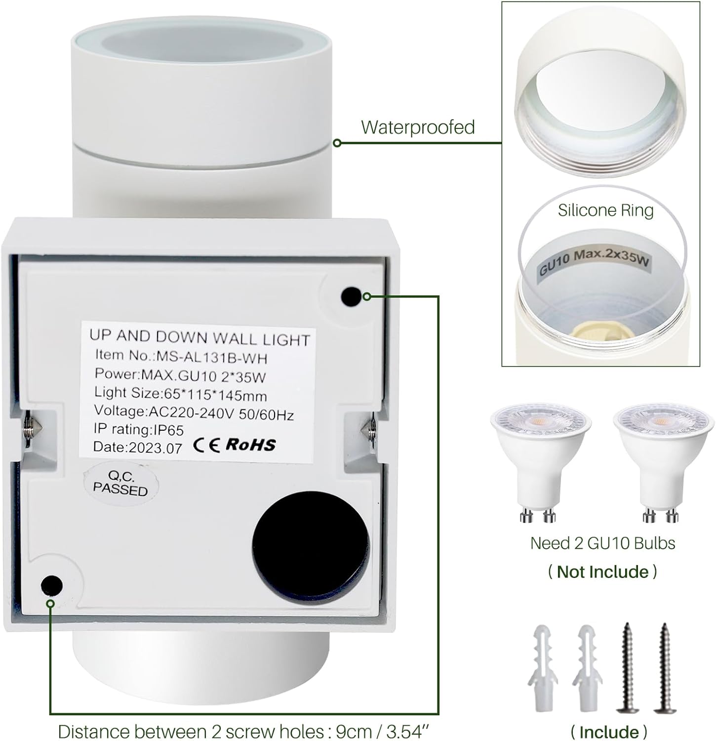 Wall light fixture with technical details and components on a white background