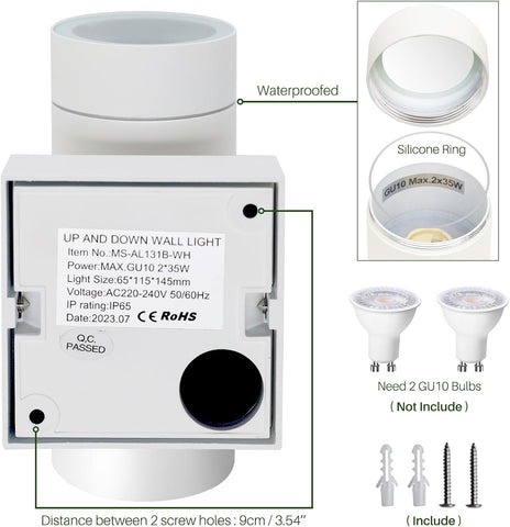 Wall light fixture with technical details and components on a white background