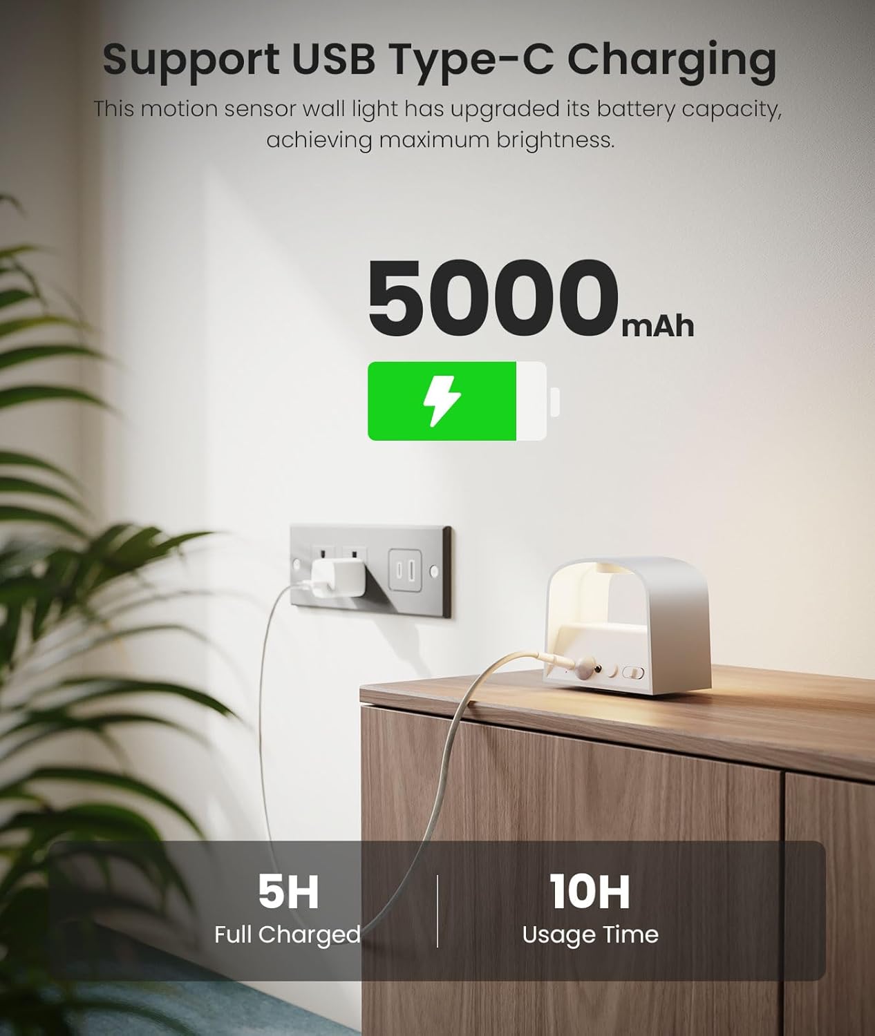 Wall light with USB Type-C charging capability and battery capacity display on a wooden surface.