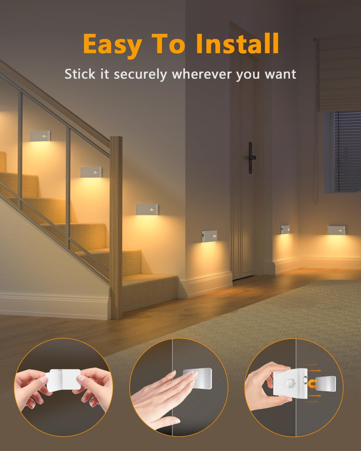 Wall lights installed in a home setting with text 'Easy To Install' and instructions on how to use them.