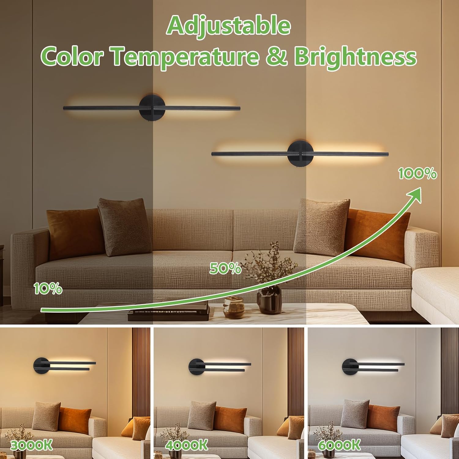 Wall lights with adjustable color temperature and brightness in a living room setting.