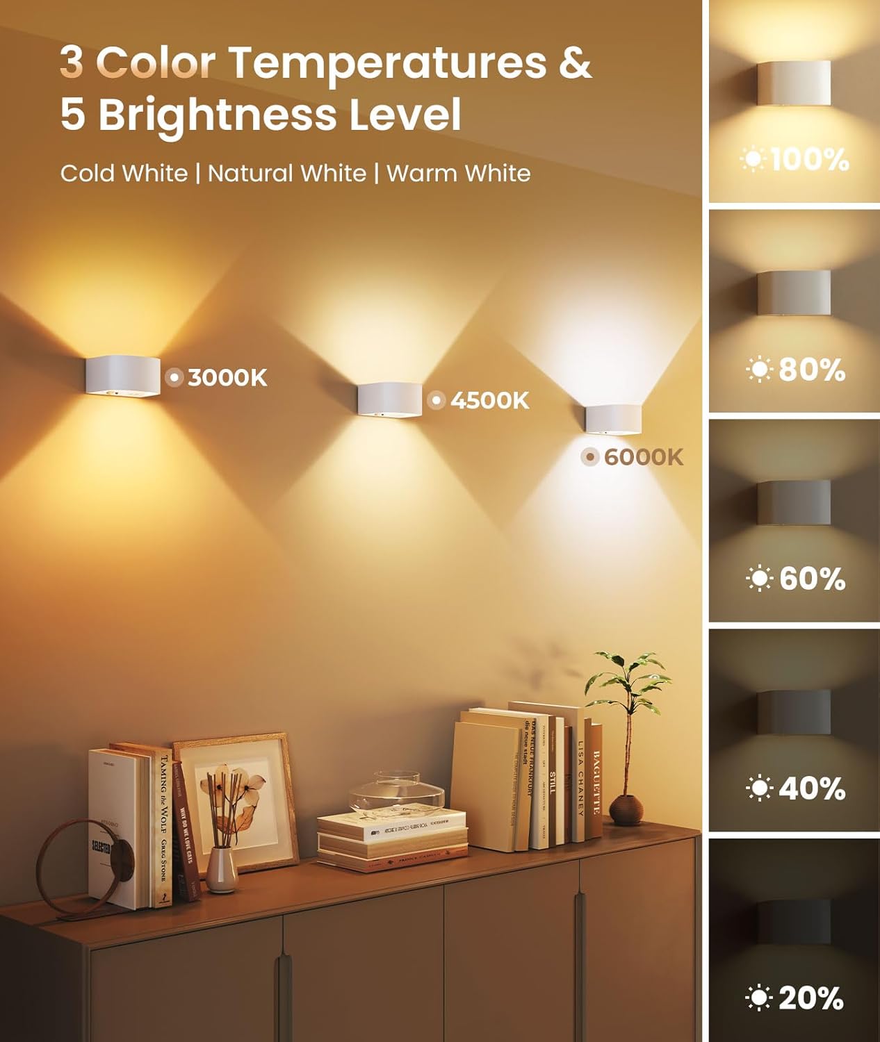 Wall lights with color temperature and brightness level indicators on a wall.