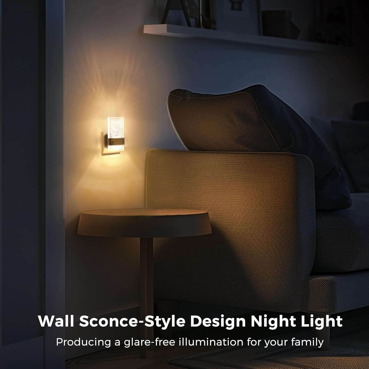Wall sconce-style design night light in a dimly lit room with a couch and table.