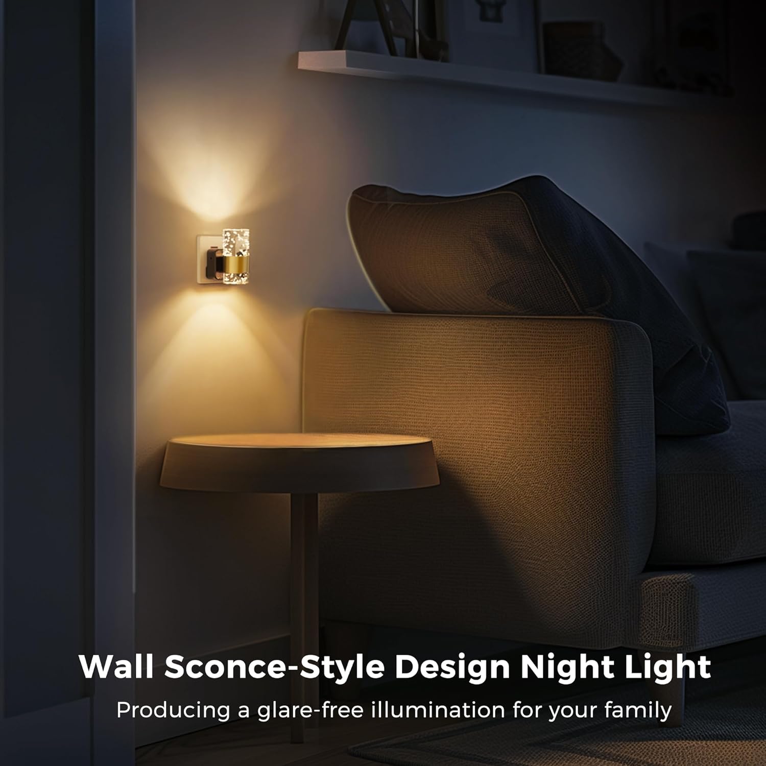 Wall sconce-style design night light in a dimly lit room with a sofa and table.