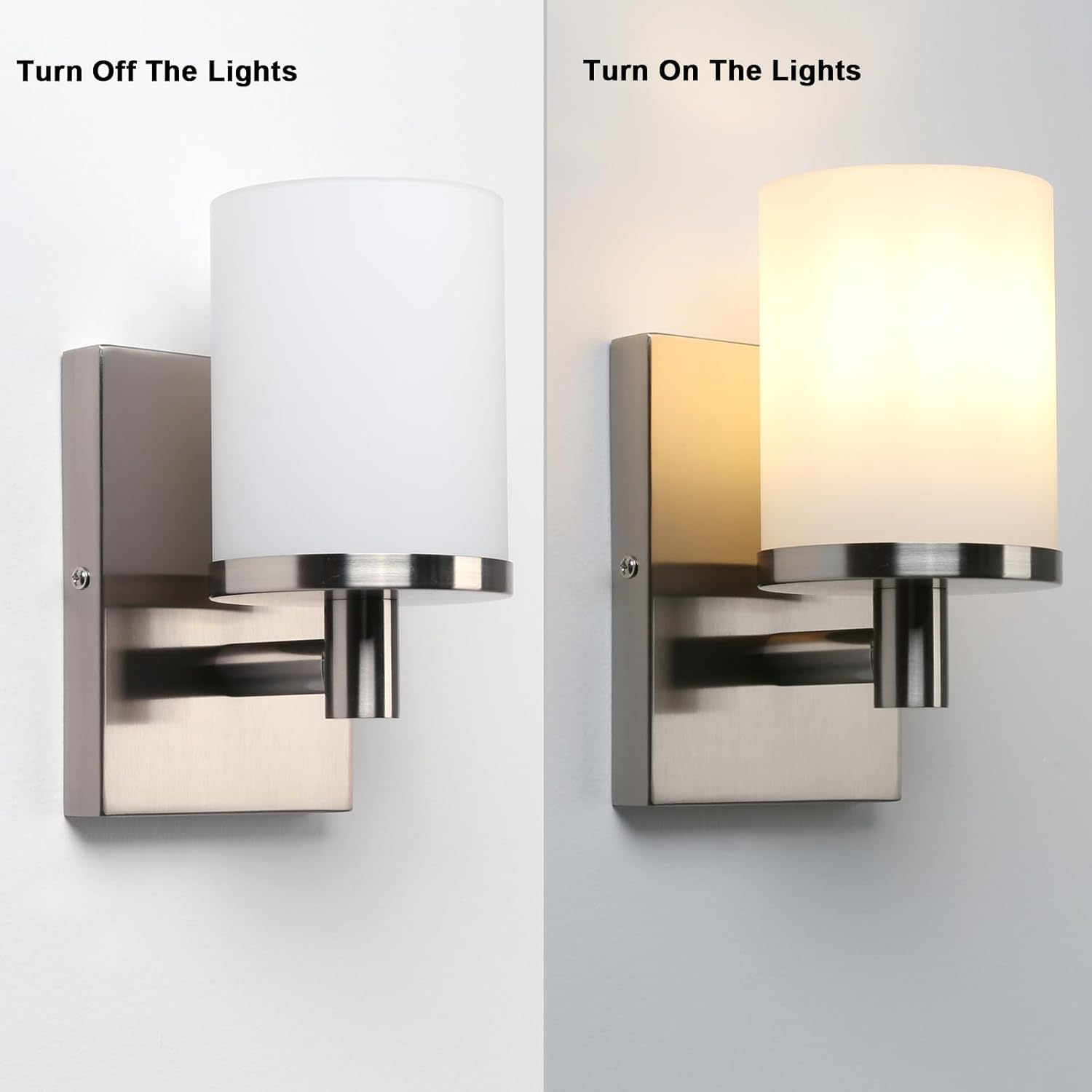Wall sconce before and after turning on the lights on a gray background